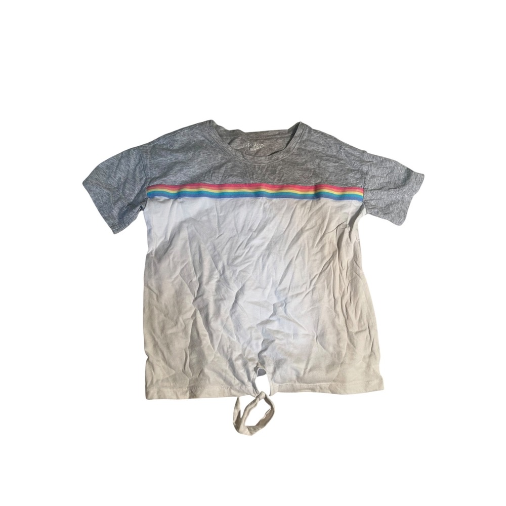 Children's Place Girls Size XL T-Shirt White Gray Rainbow Stripe Tie Front Short
